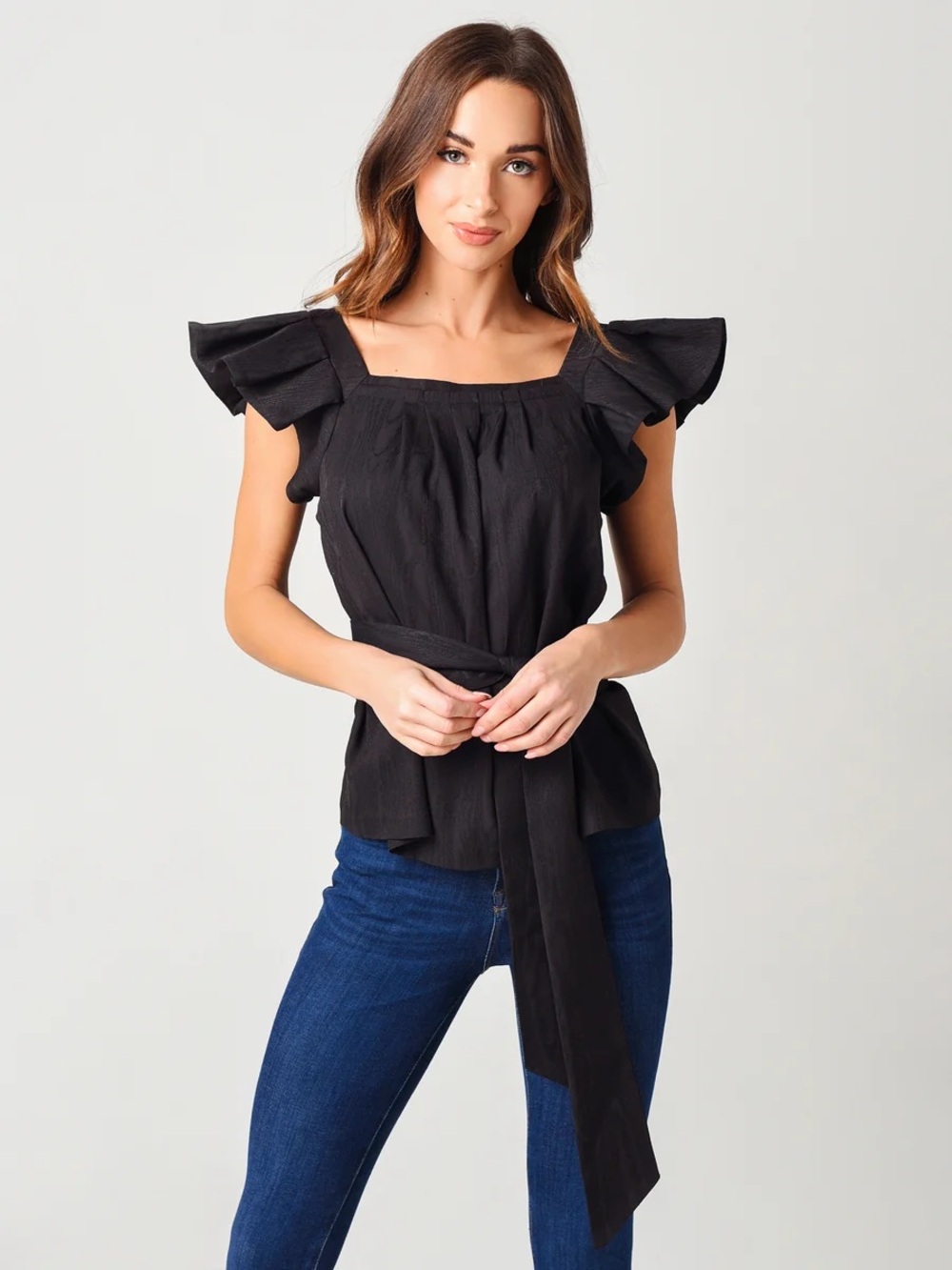 Hunter Bell New York black ruffle sleeve top with optional tie